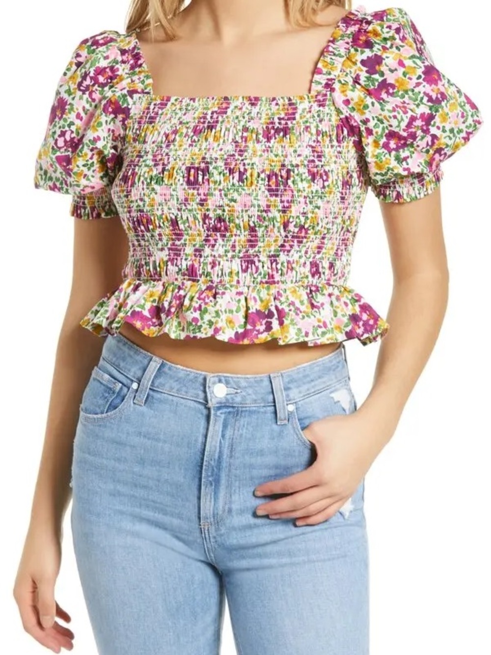 Endless Rose Floral Multi Color Puff Sleeve Cropped Top (L)